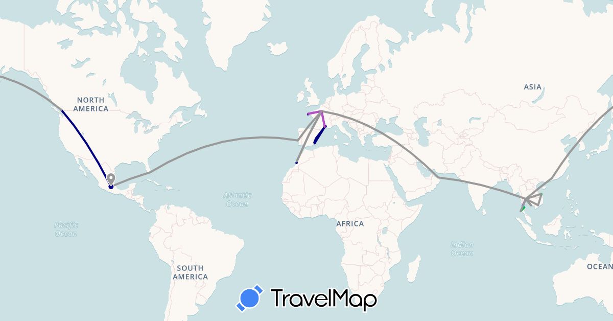 TravelMap itinerary: driving, bus, plane, train, boat in Canada, China, Spain, France, Cambodia, Morocco, Mexico, Oman, Portugal, Thailand, United States, Vietnam (Africa, Asia, Europe, North America)